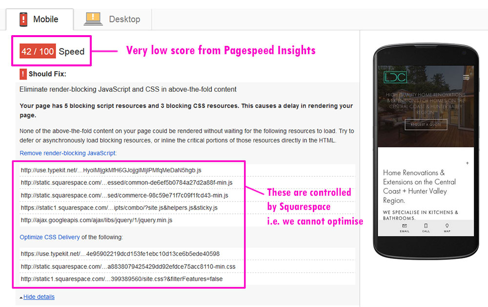 Squarespace-slow-pagespeed-insights-results